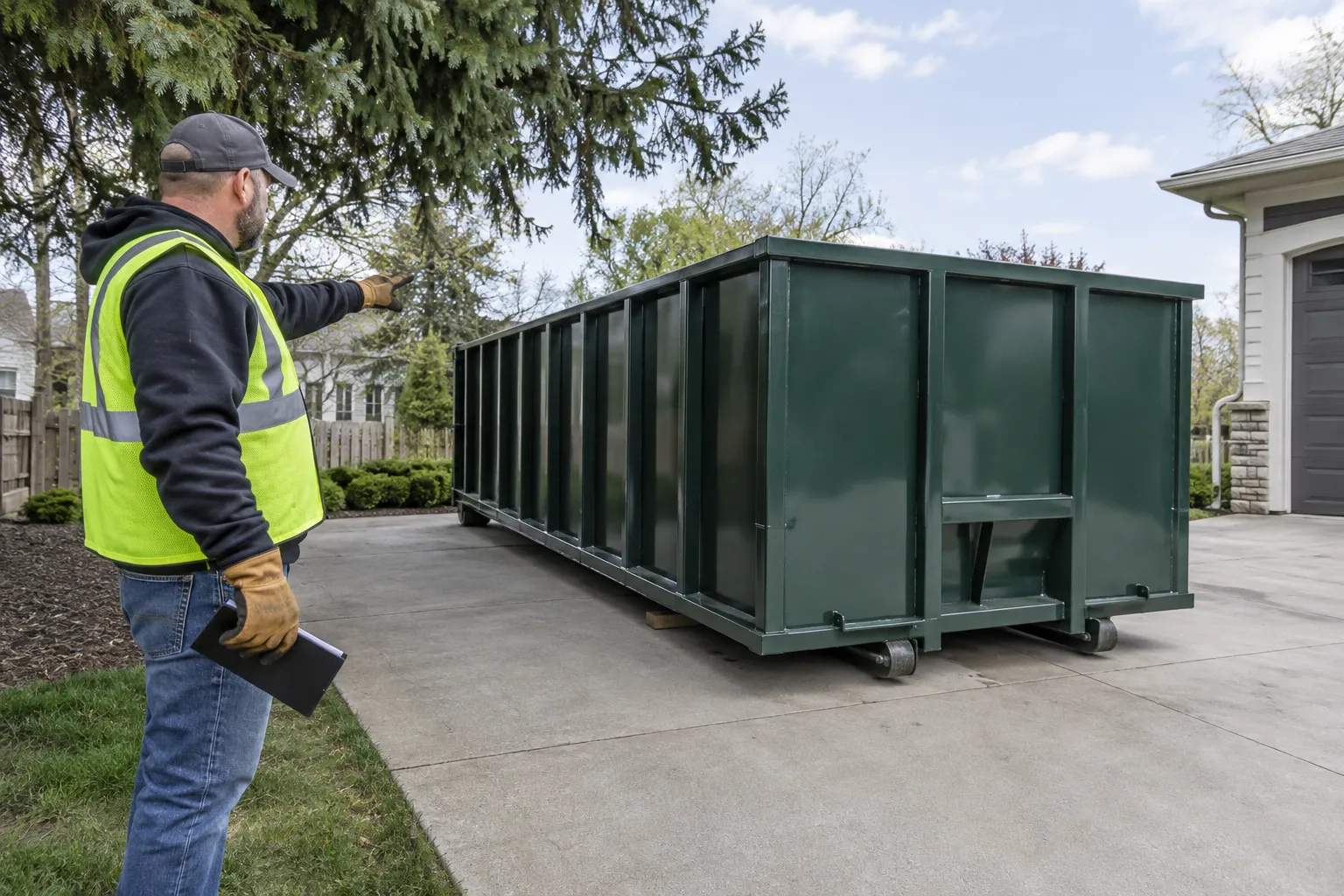 Worker checking a clear driveway placement area beside a roll-off dumpster